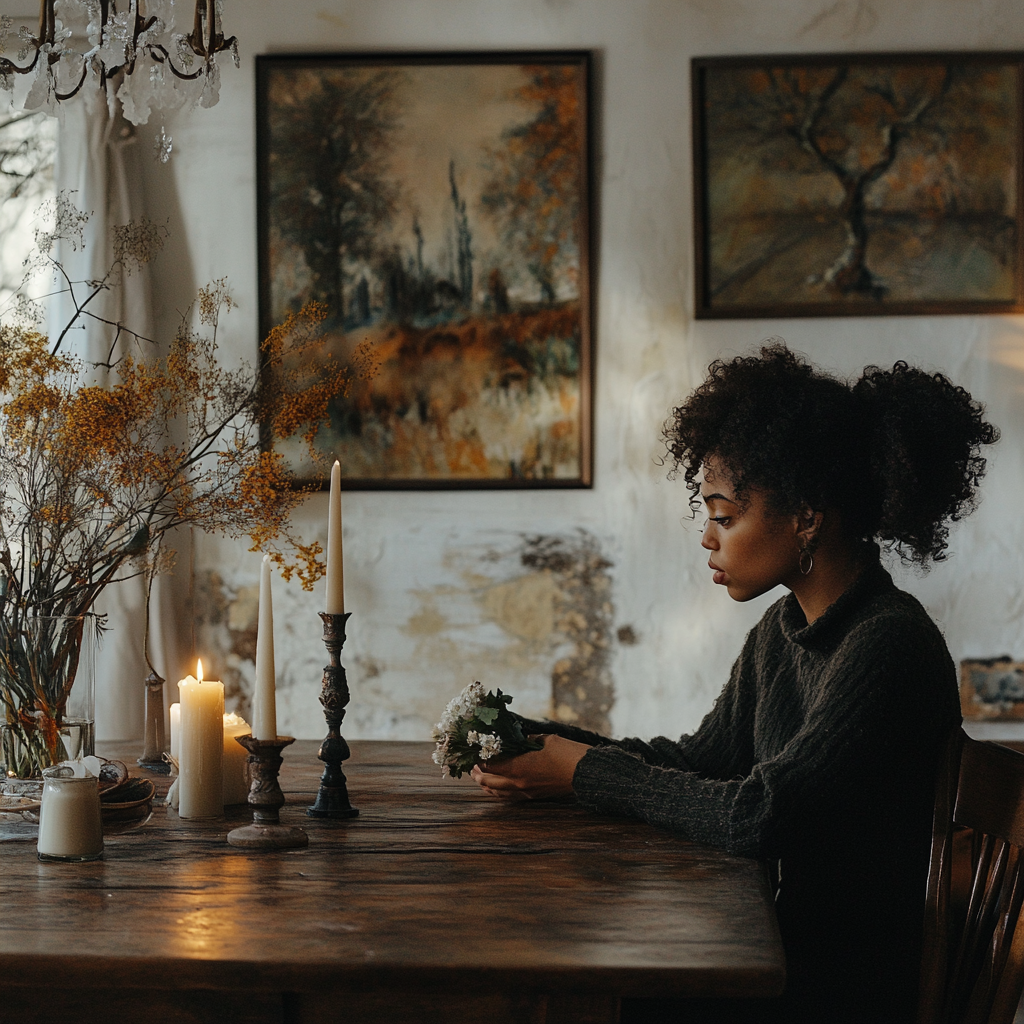 A Young Mother Smelling Winter Flower and Lighting Candles