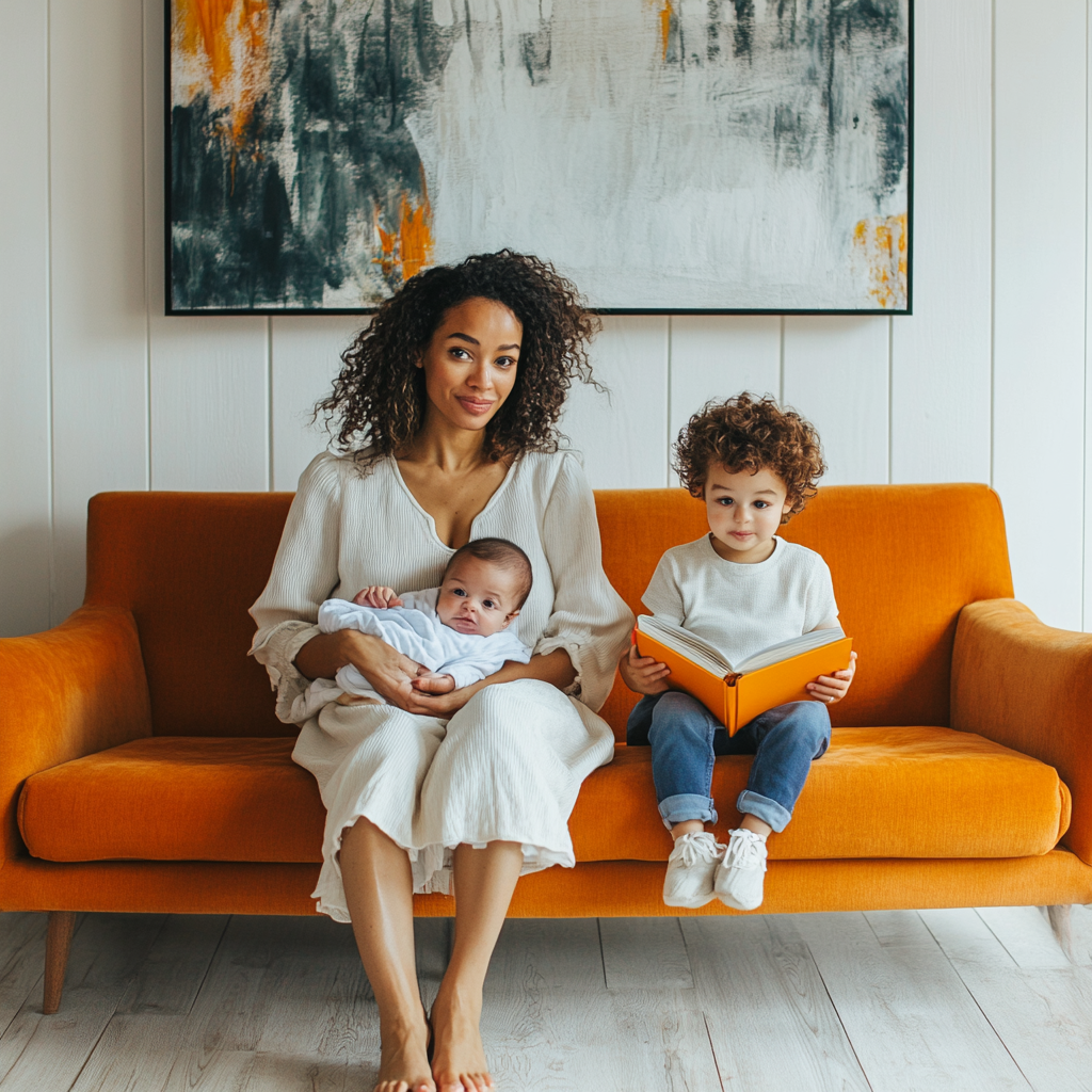 A Young Mother with Children in Living Room