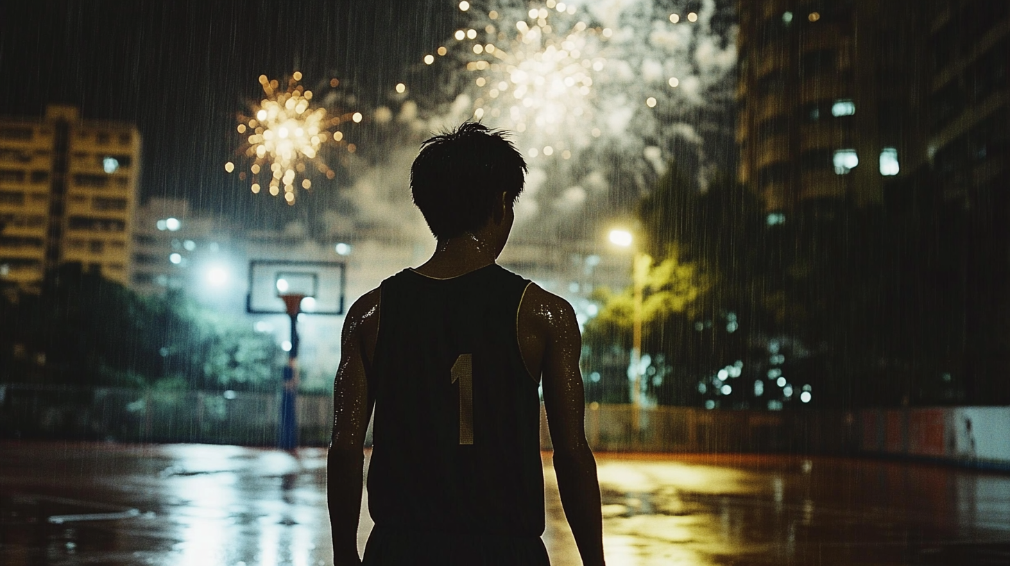 A Young Player's Solo Basketball Game at Night