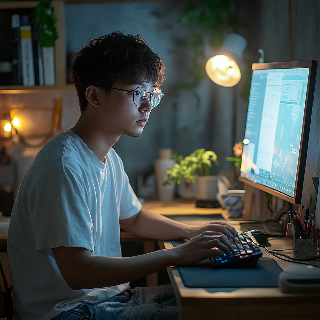 A Young Taiwanese Man Working at Desk