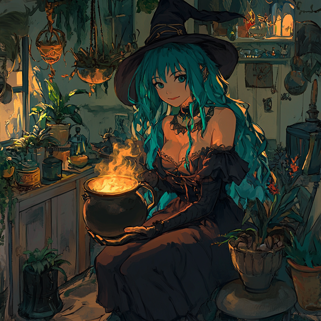 A Young Witch Brews Potion in Cottage.