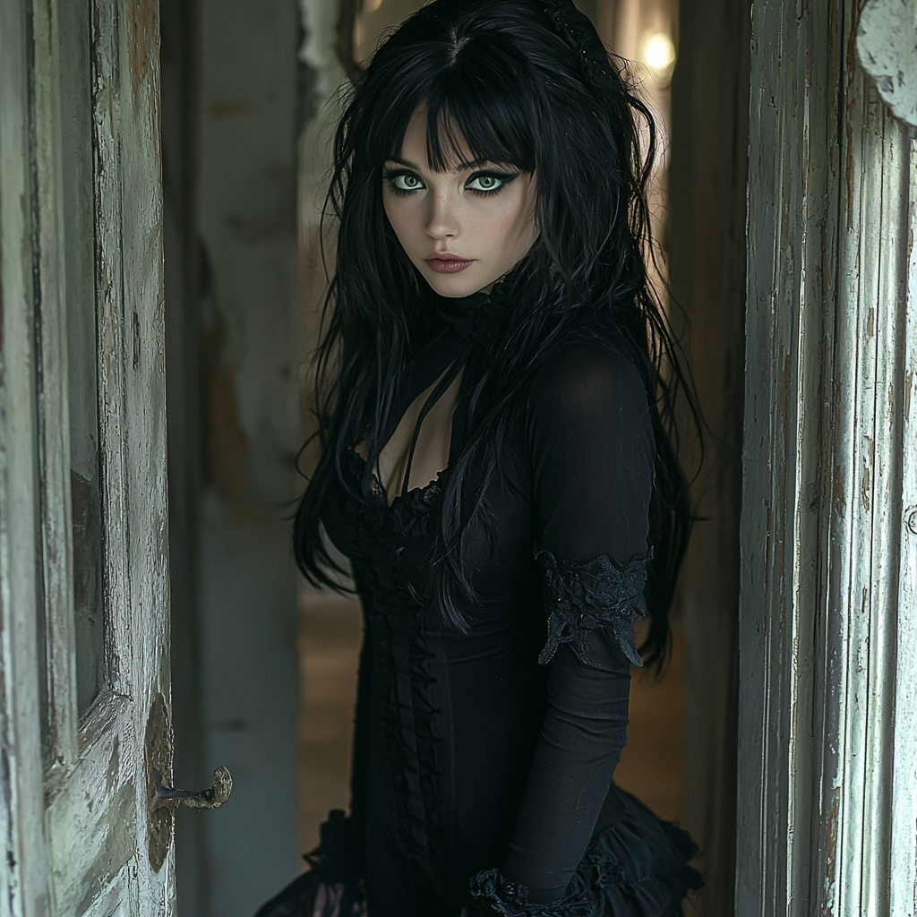 A Young Witch with Black Hair and Green Eyes