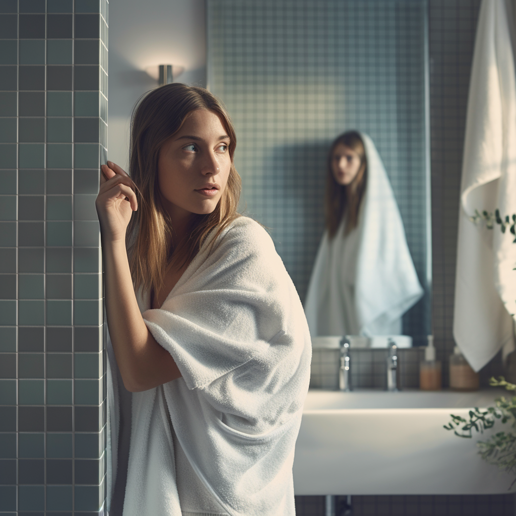 A Young Woman Dries Hair in Bright Bathroom