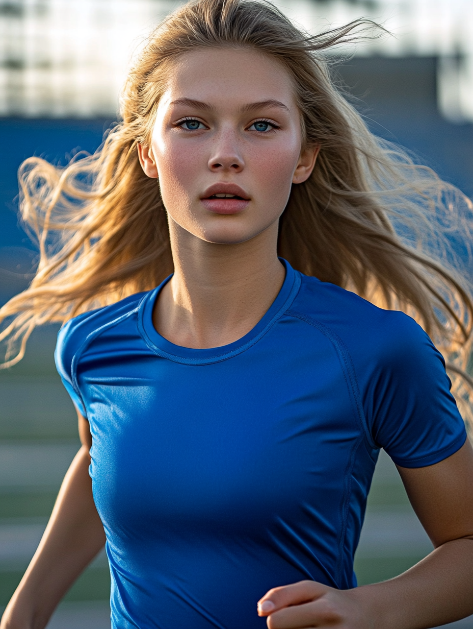 A Young Woman Running in Blue Sports Outfit