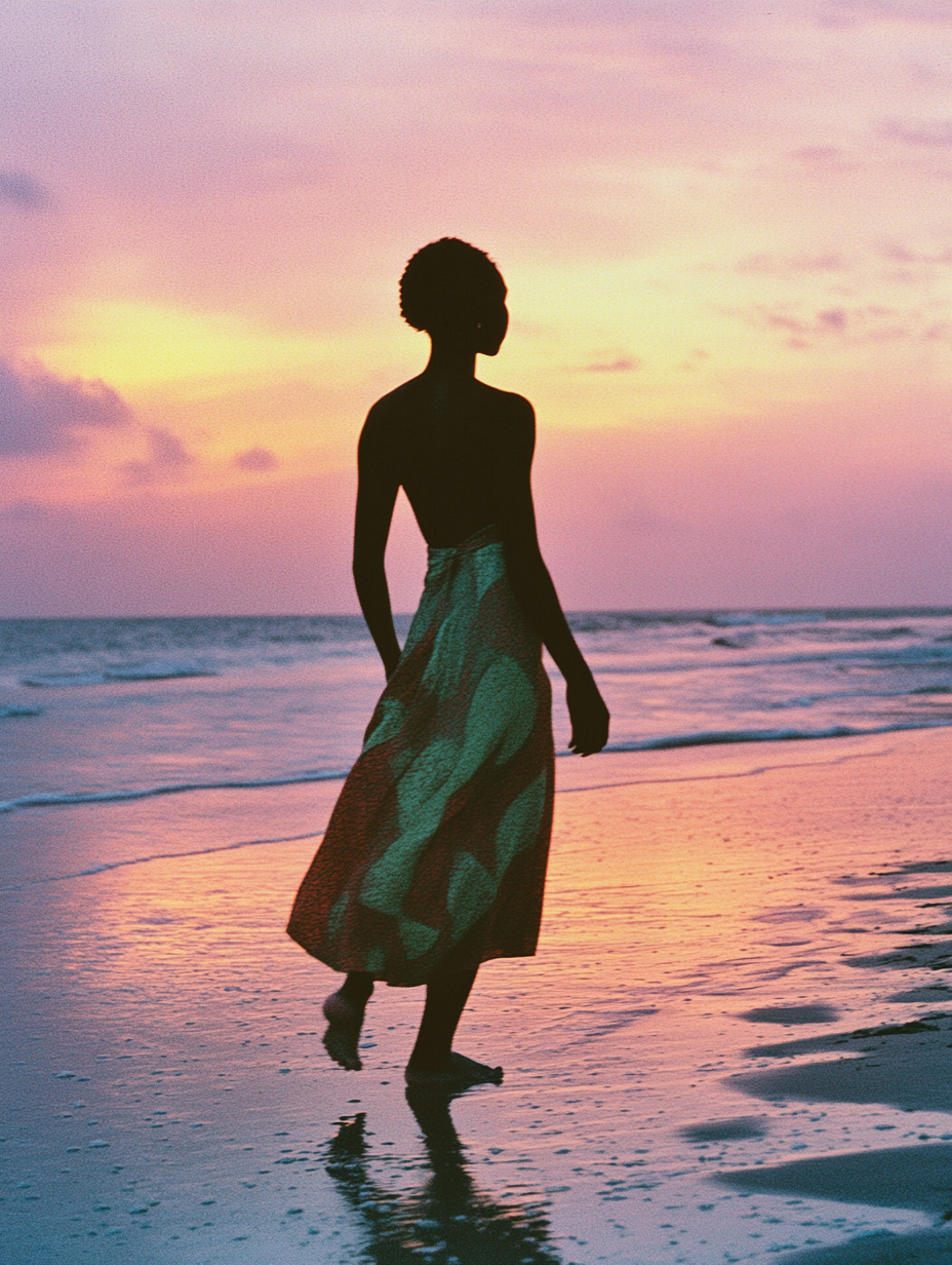 A Young Woman Walks Alone on Sunset Beach