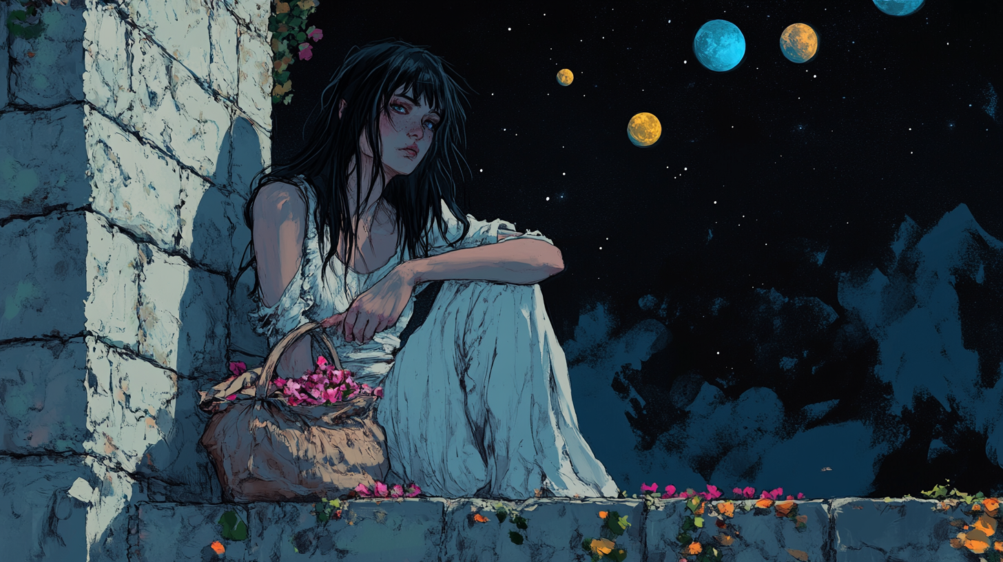 A Young Woman with Flower Petals Under 10 Moons