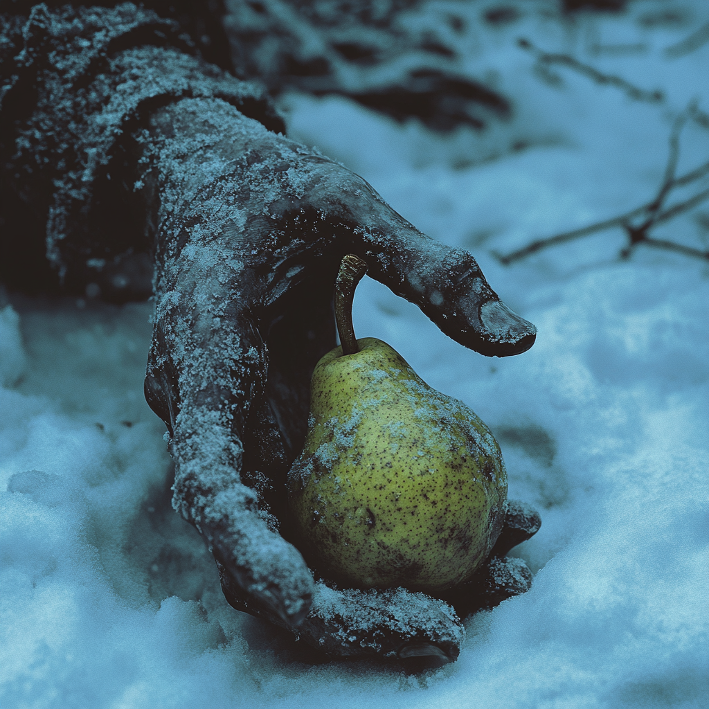 A Zombie Hand Holds Rotten Pear in Snow.