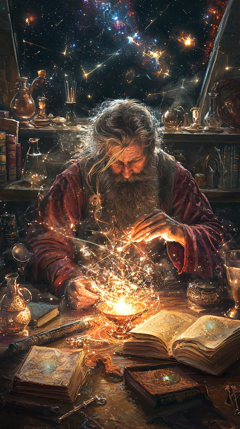 A alchemist with long beard in magical workshop.