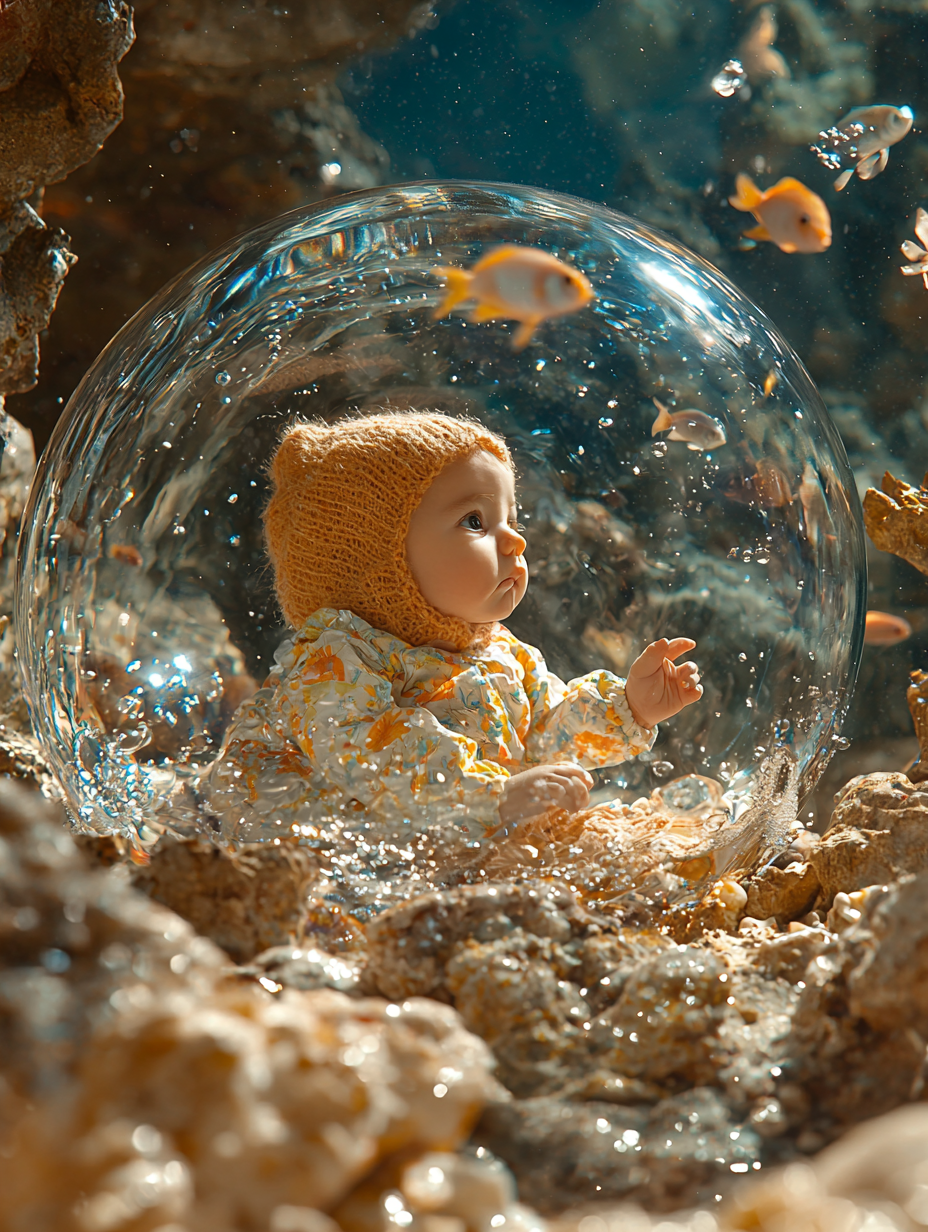 A baby in air bubble explores ocean depths