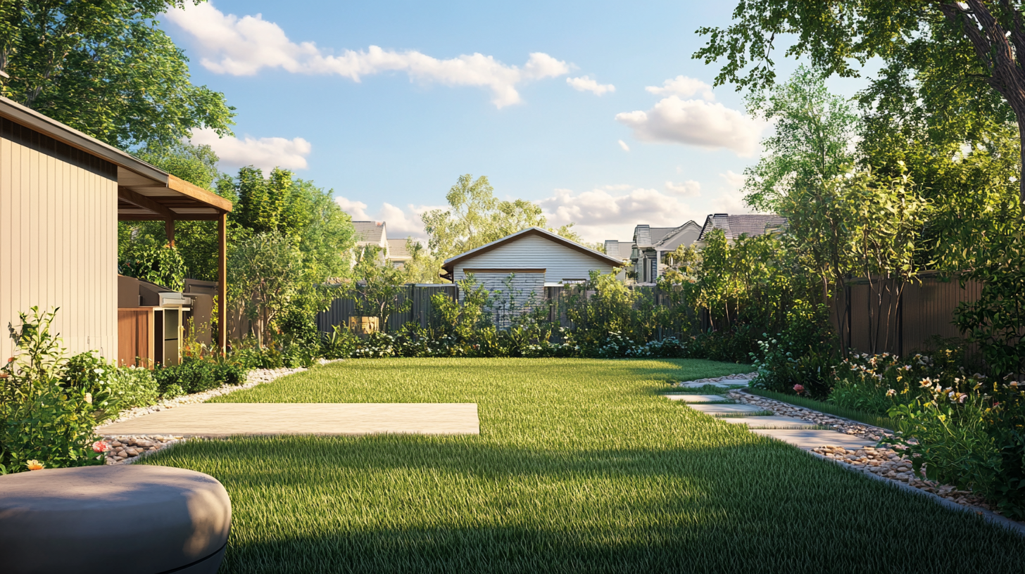 A backyard with small house and green grass