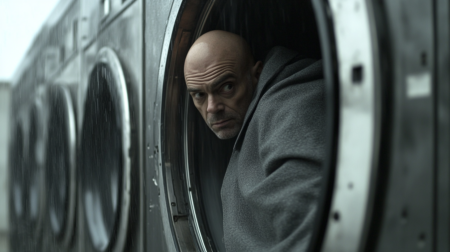 A bald man crawls into a washing machine.