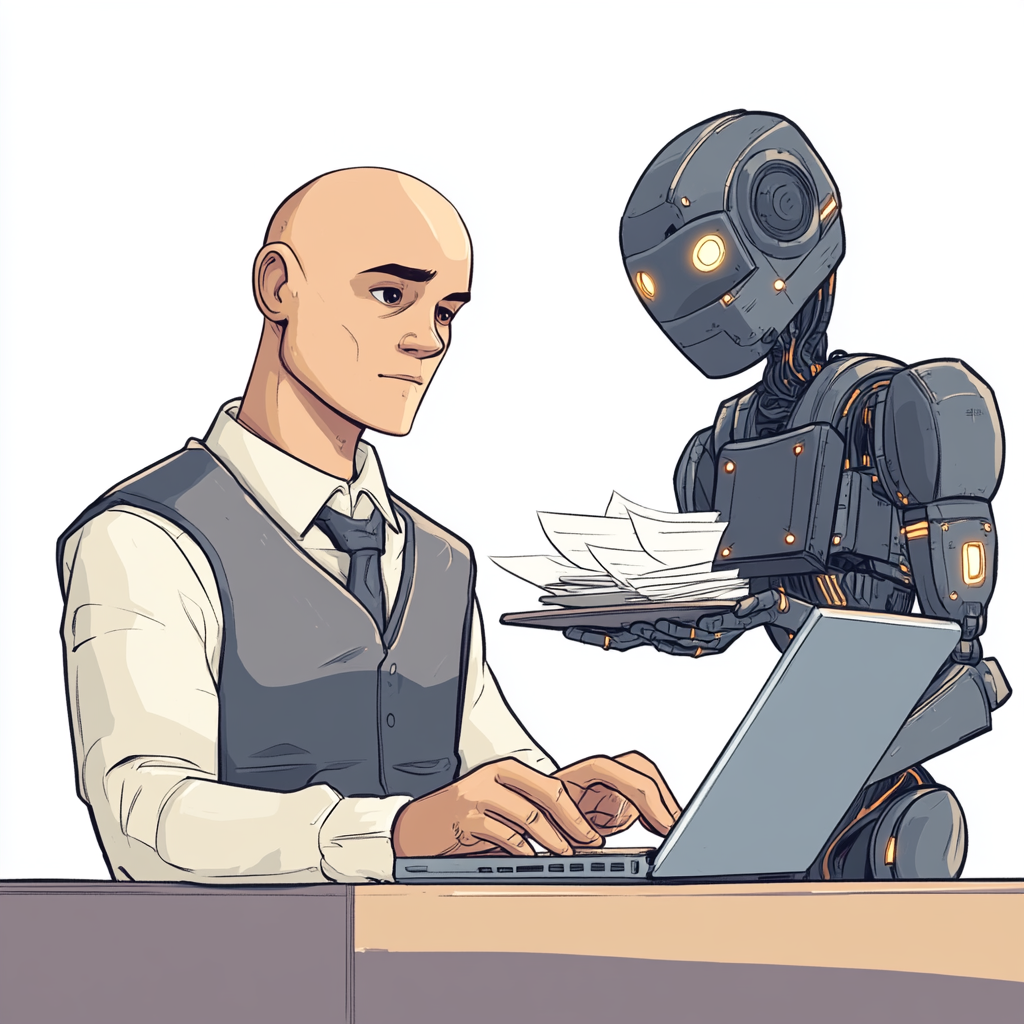 A bald man figures out robots' papers.