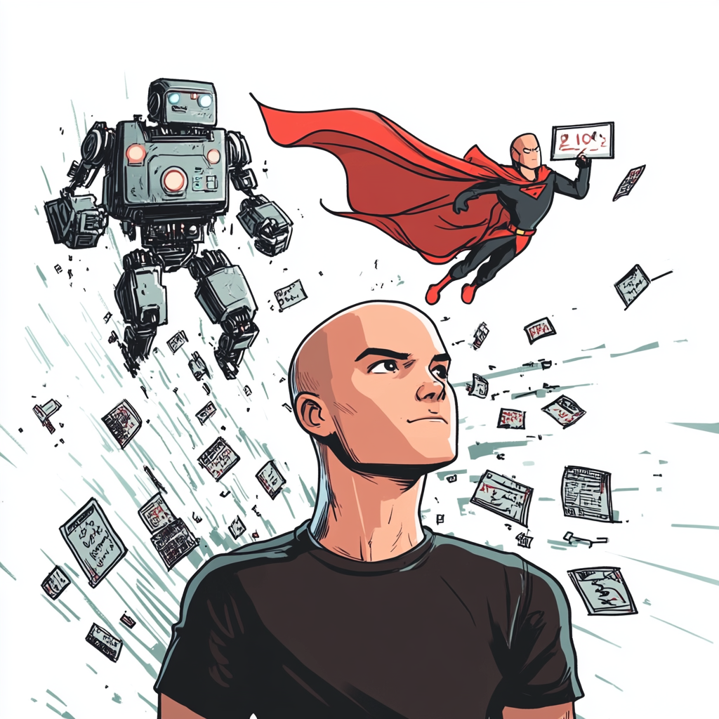 A bald man in black shirt surrounded by error messages, cheered by flying robot with red cape holding empty sign, in cartoon style.