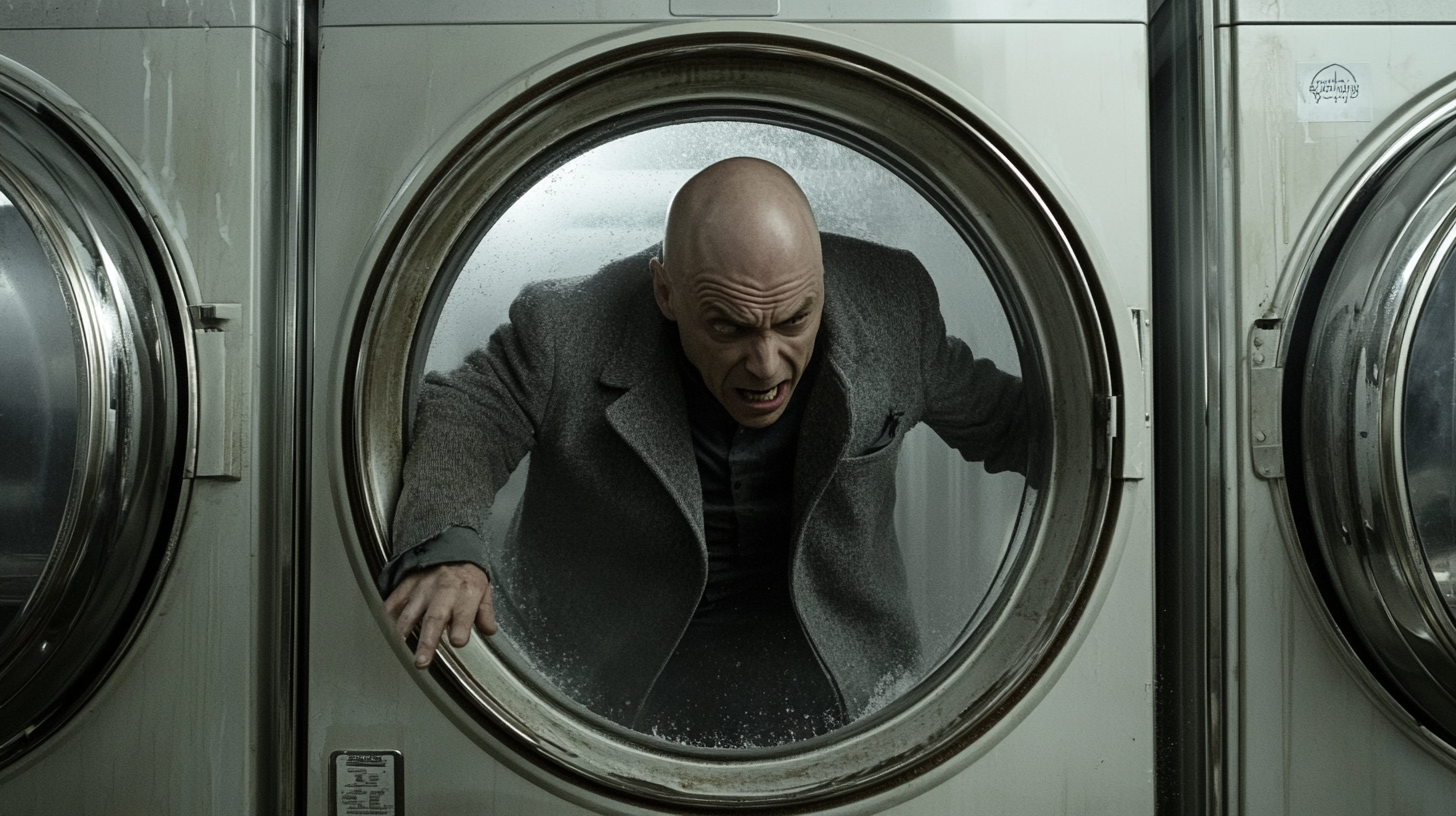 A bald man in coat trapped in washer.