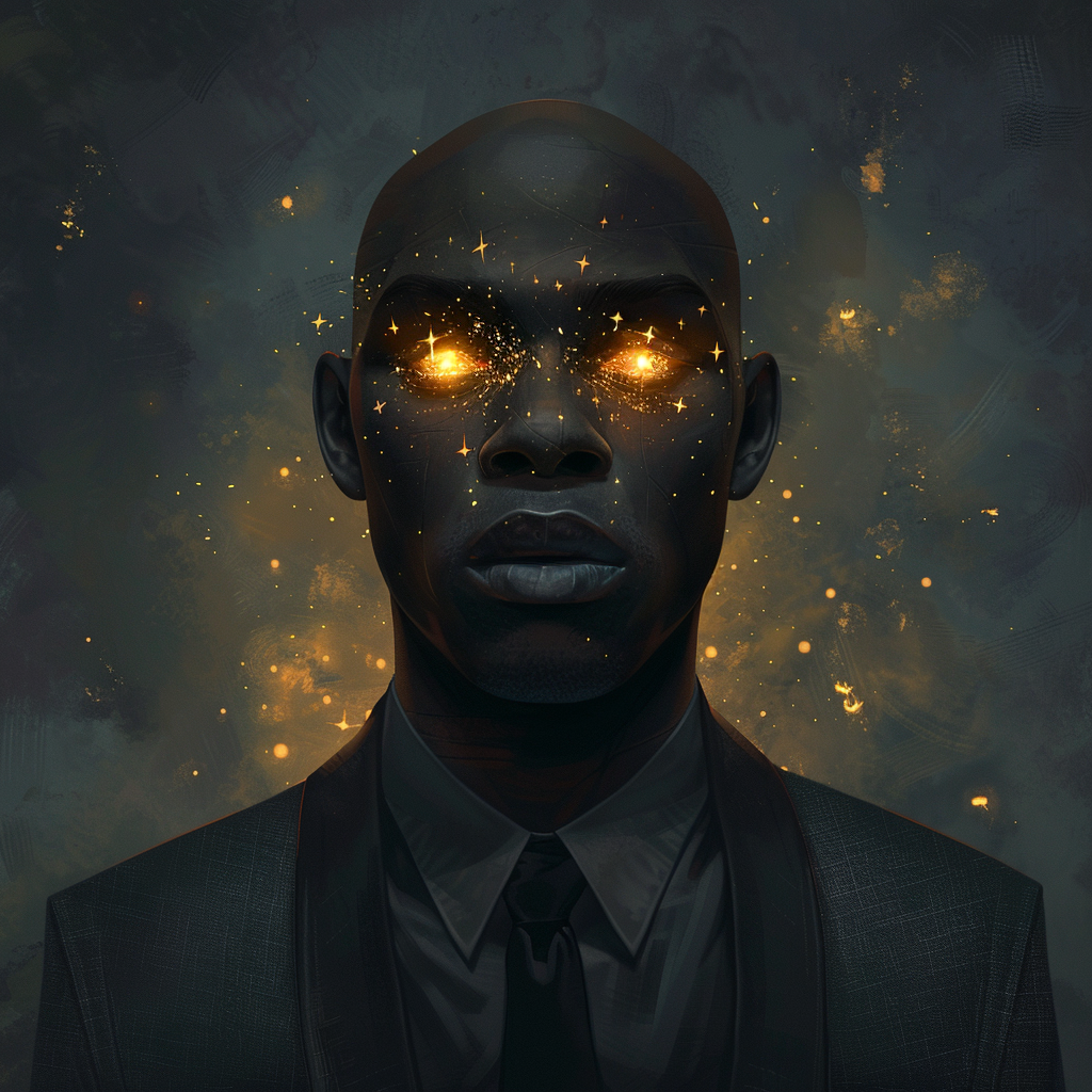 A bald man with starry eyes in black suit.