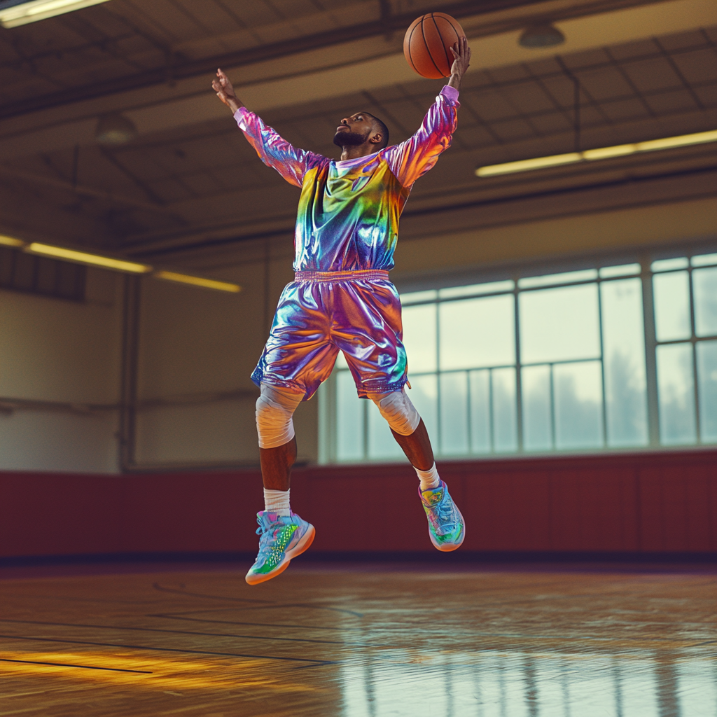 A basketball player jumps for a colorful shot