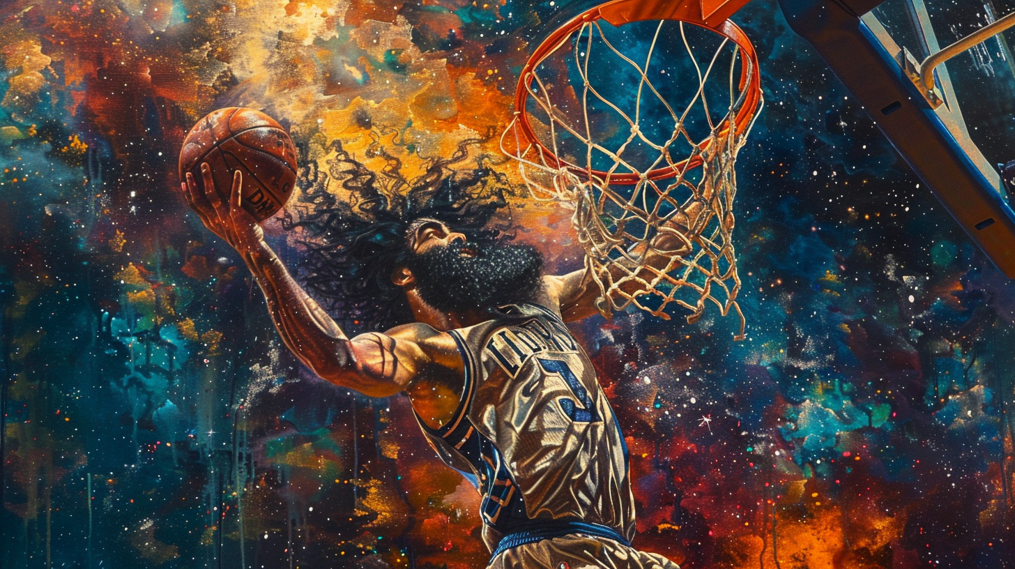 A basketball player with long hair dunking ball.