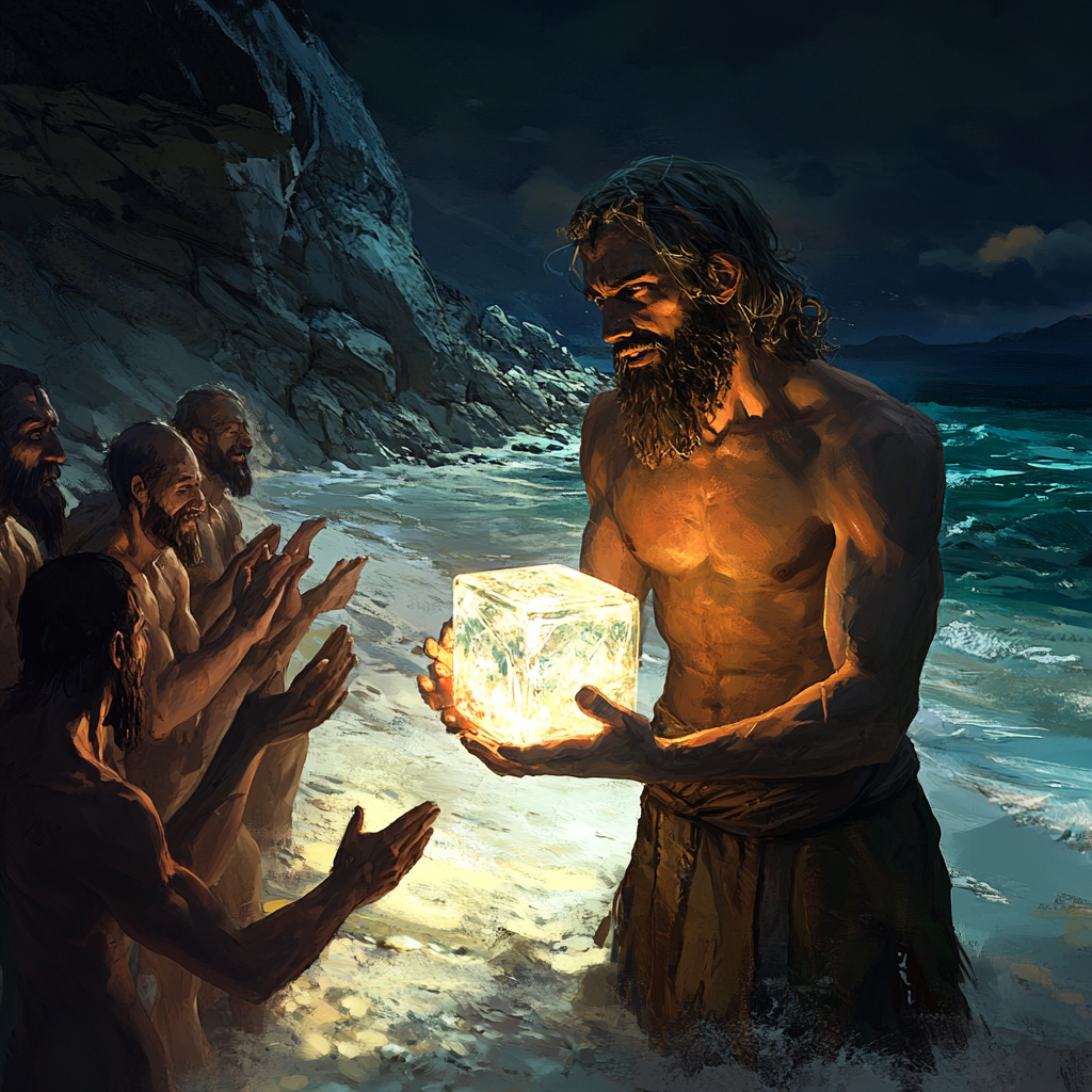 A bearded man with glowing cube on beach.