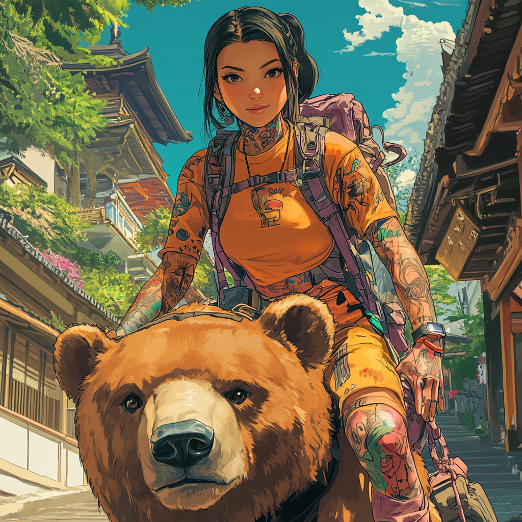 A beautiful Asian woman with tattoos rides bear