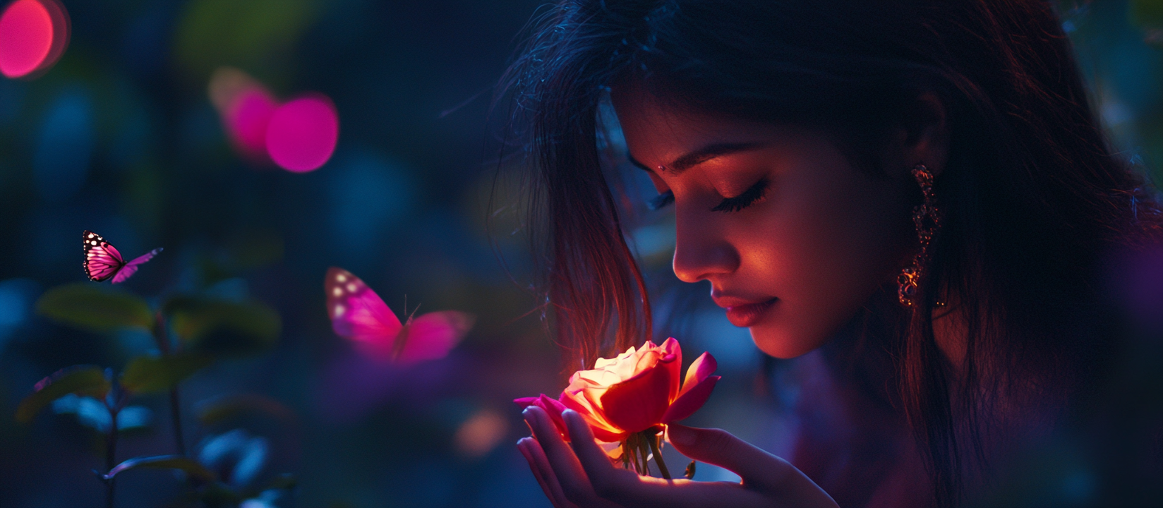 A beautiful Indian girl picking a rose at night.