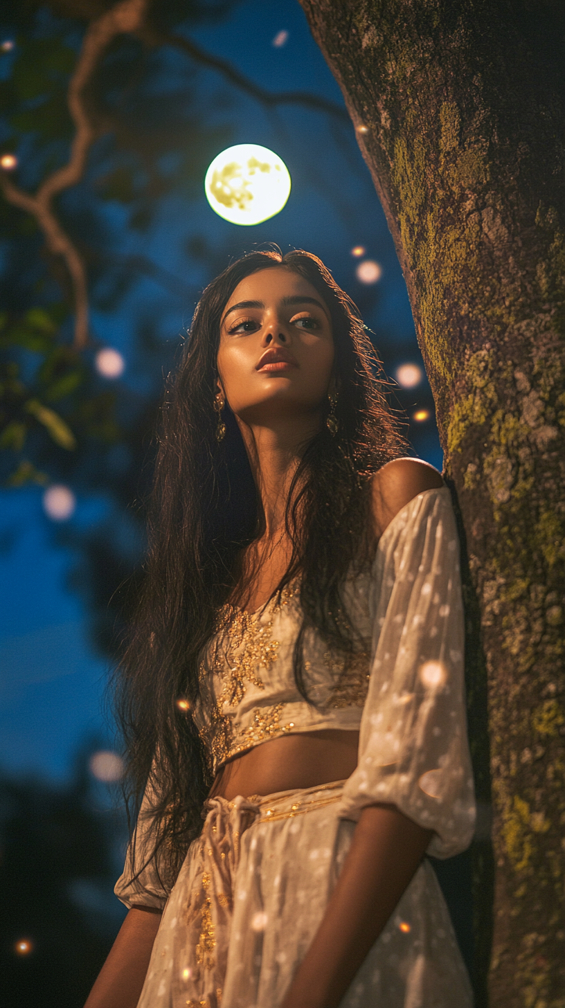 A beautiful Sri Lankan woman under moonlight