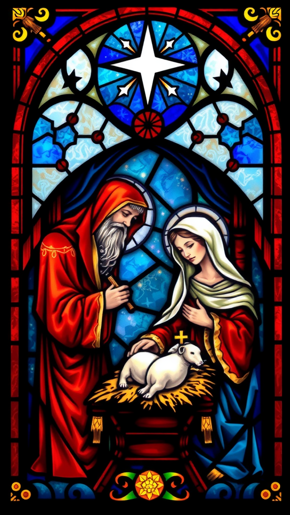 A beautiful Stained Glass nativity scene of Jesus.