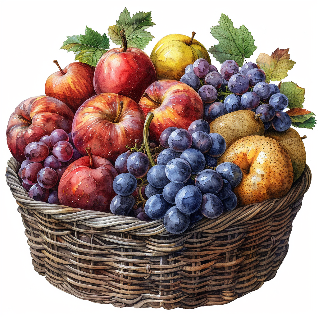 A beautiful basket of autumn fruits and vegetables.