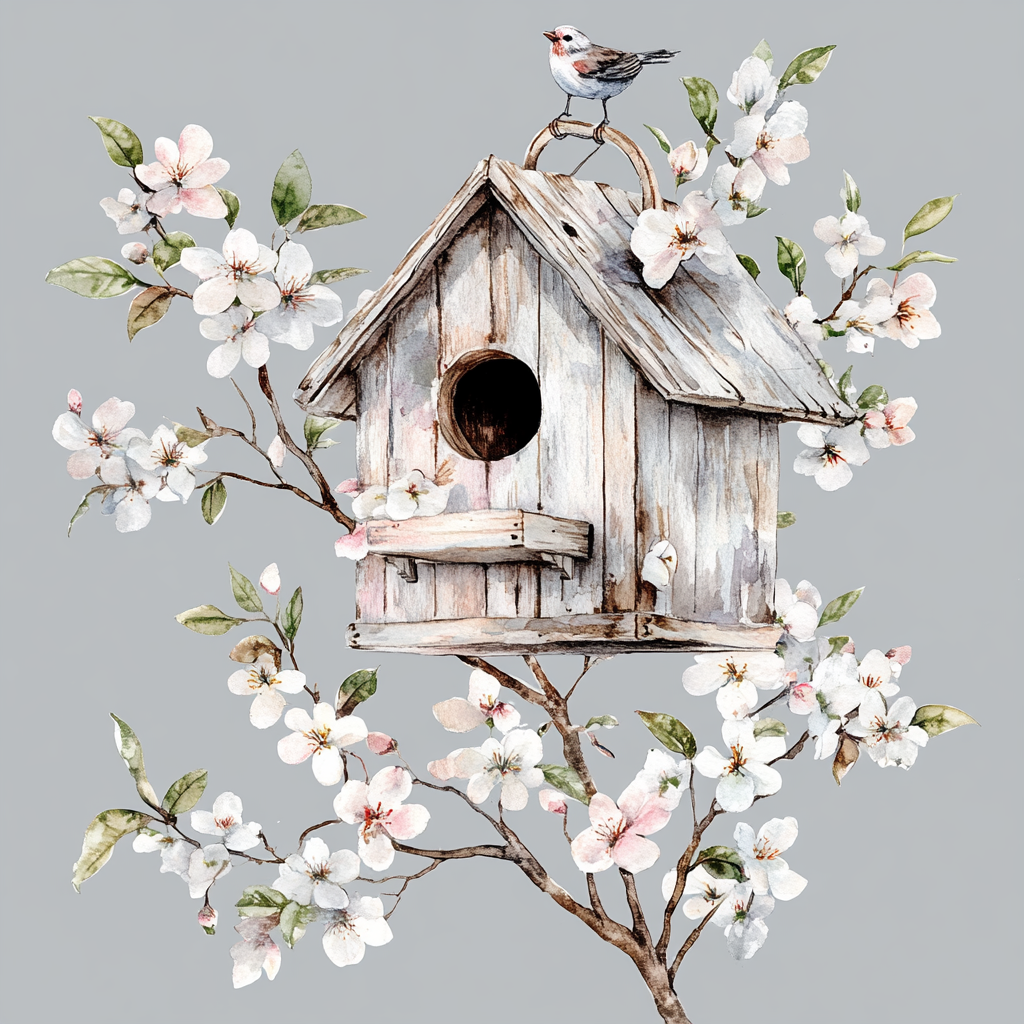 A beautiful birdhouse on blossoming tree branch illustration