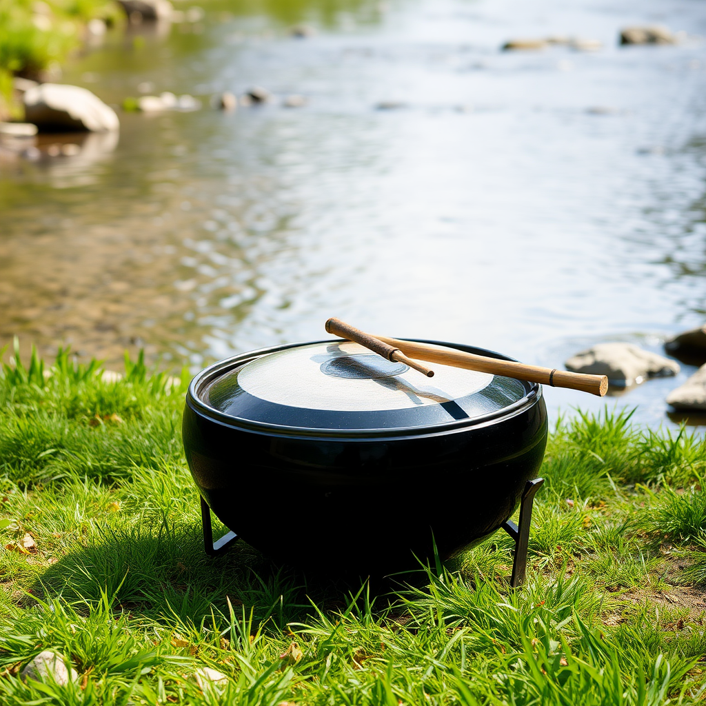 A beautiful black Handpan drum near clear river.