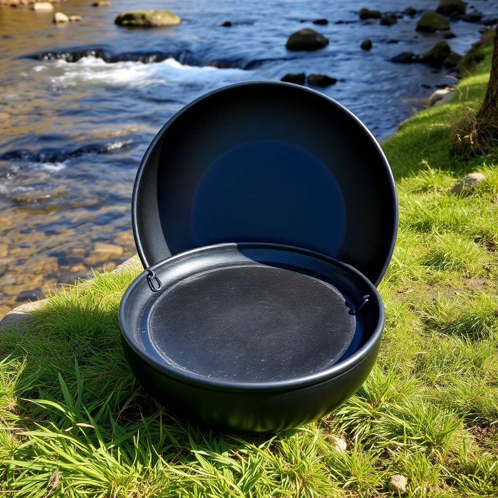 A beautiful black handpan by the clear river.