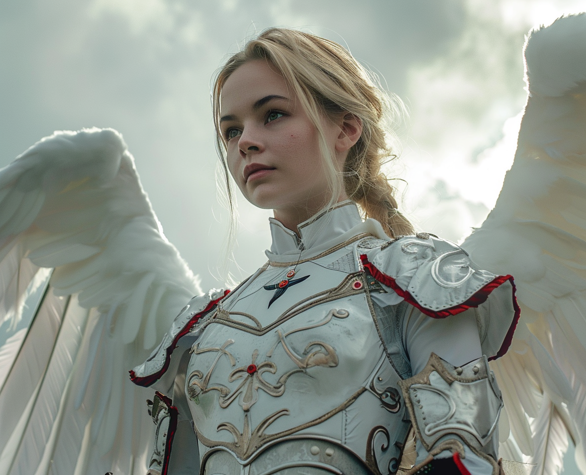 A beautiful blonde angel in white armor.