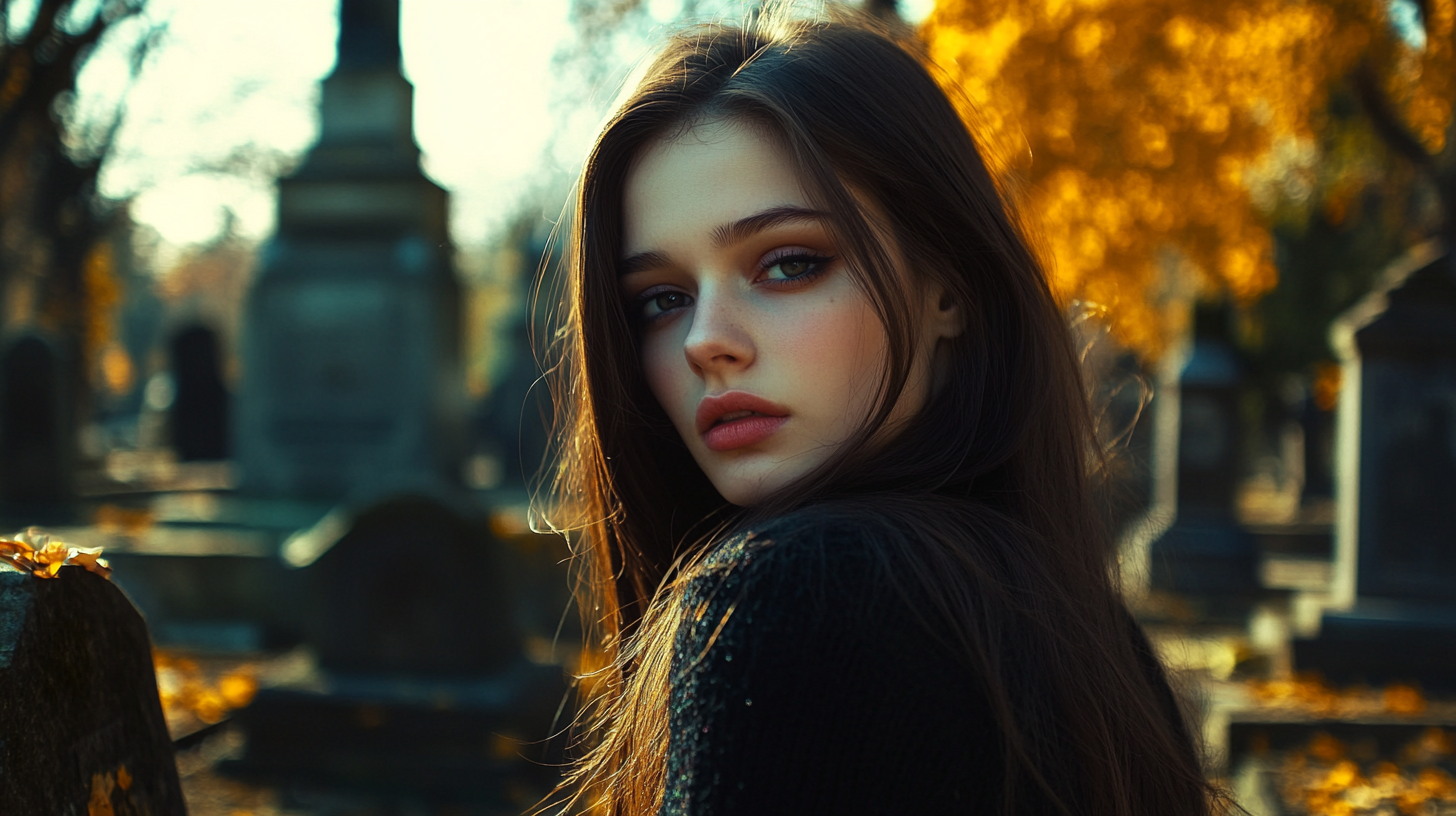 A beautiful brunette near a grave in a cemetery