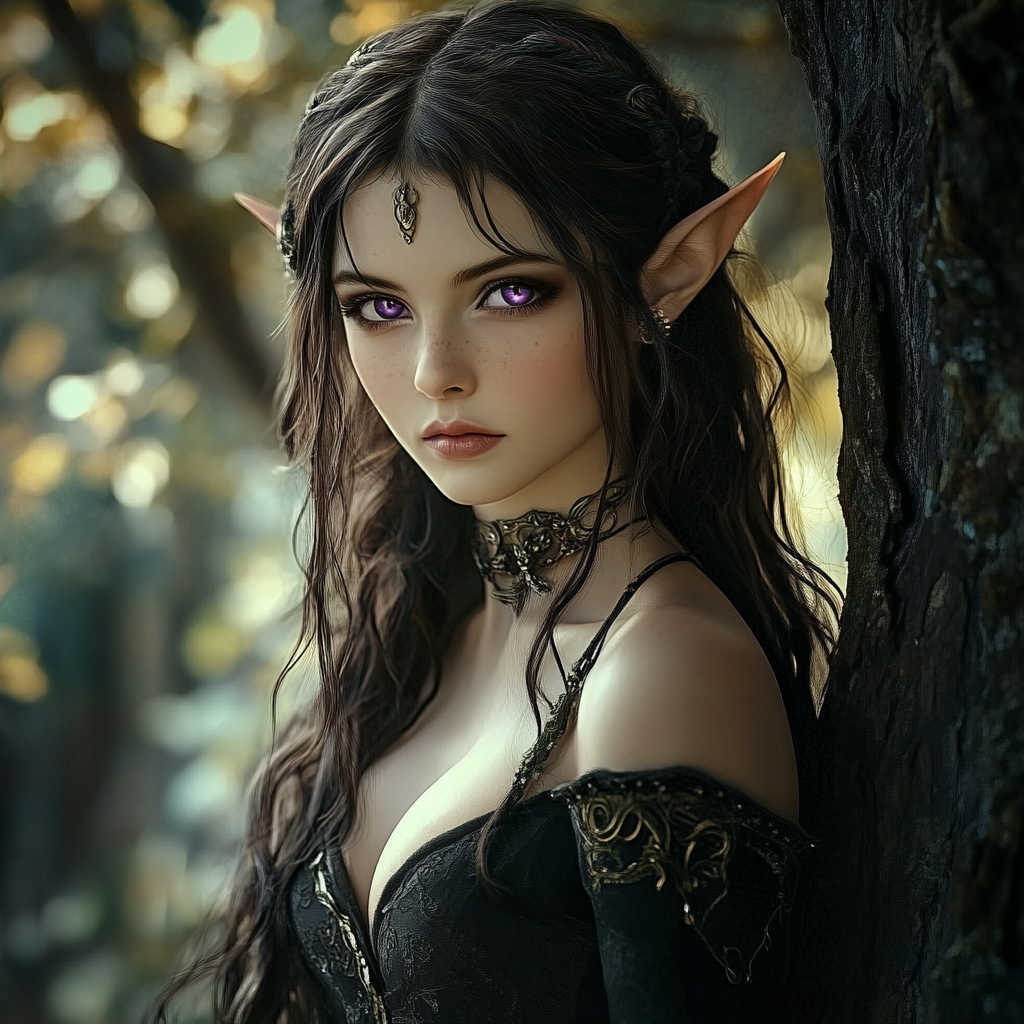 A beautiful elf woman in a forest.