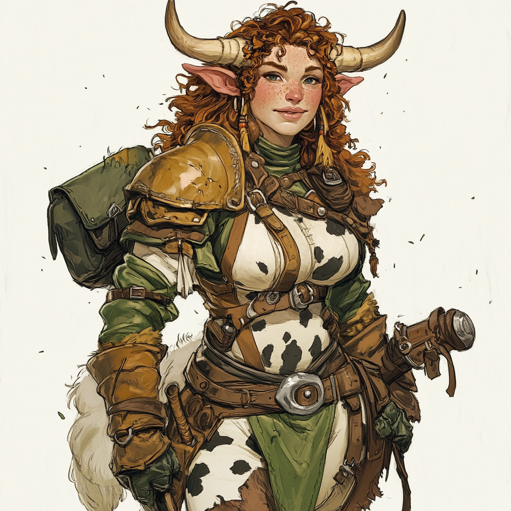 A beautiful female Firbolg barbarian in cow print.