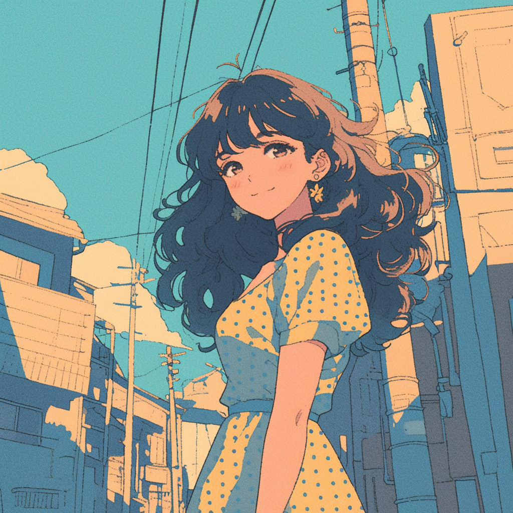 A beautiful girl in retro anime city.