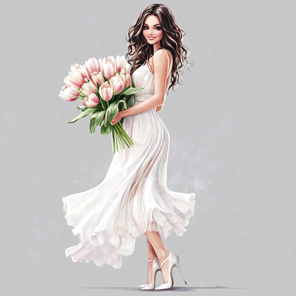 A beautiful girl in white dress holding tulips