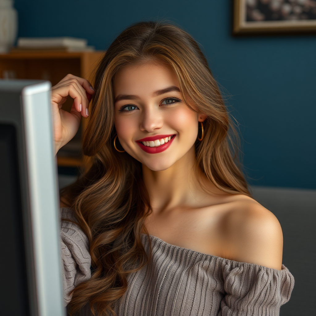 A beautiful girl sets up computer with WiFi router.