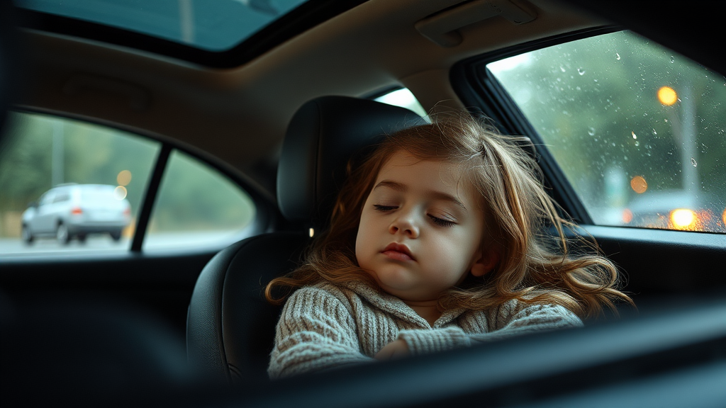 A beautiful girl sleeping in the rainy car.