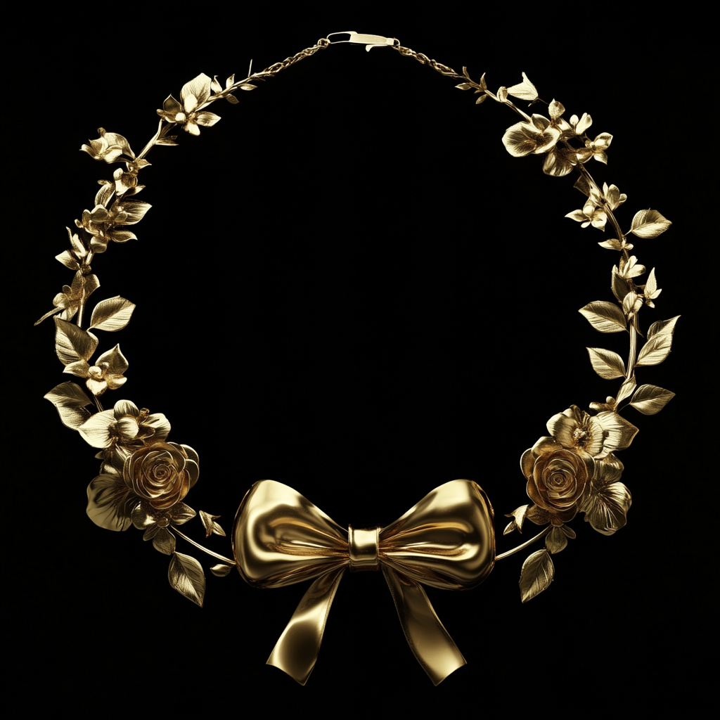 A beautiful gold jewelry necklace with flowers and bow.