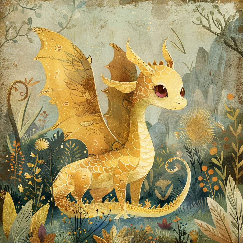 A beautiful golden dragon with glowing wings and ruby eyes.