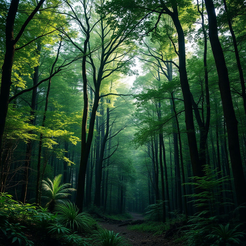 A beautiful green forest with tall trees.