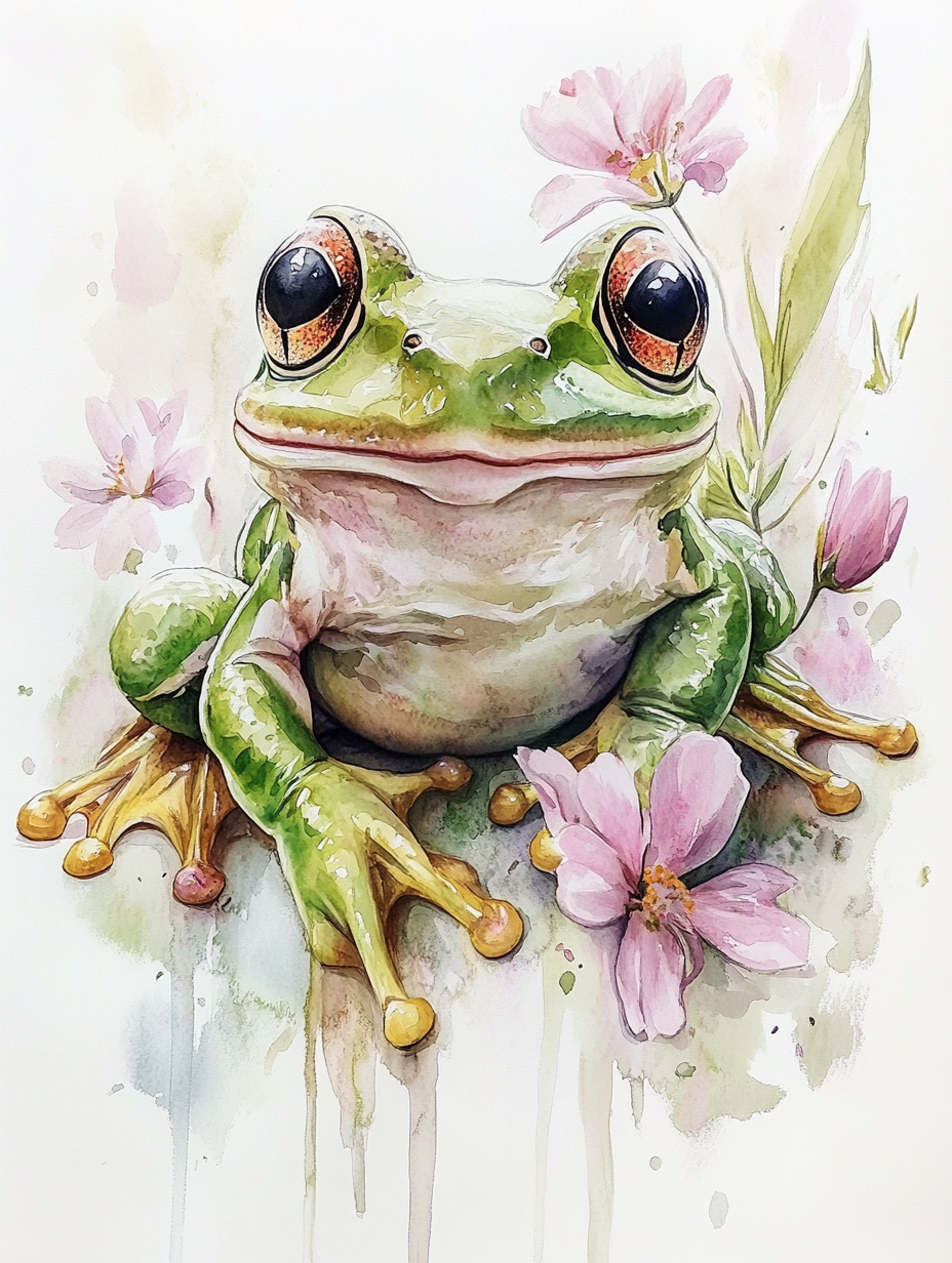 A beautiful green frog in a dreamy watercolor