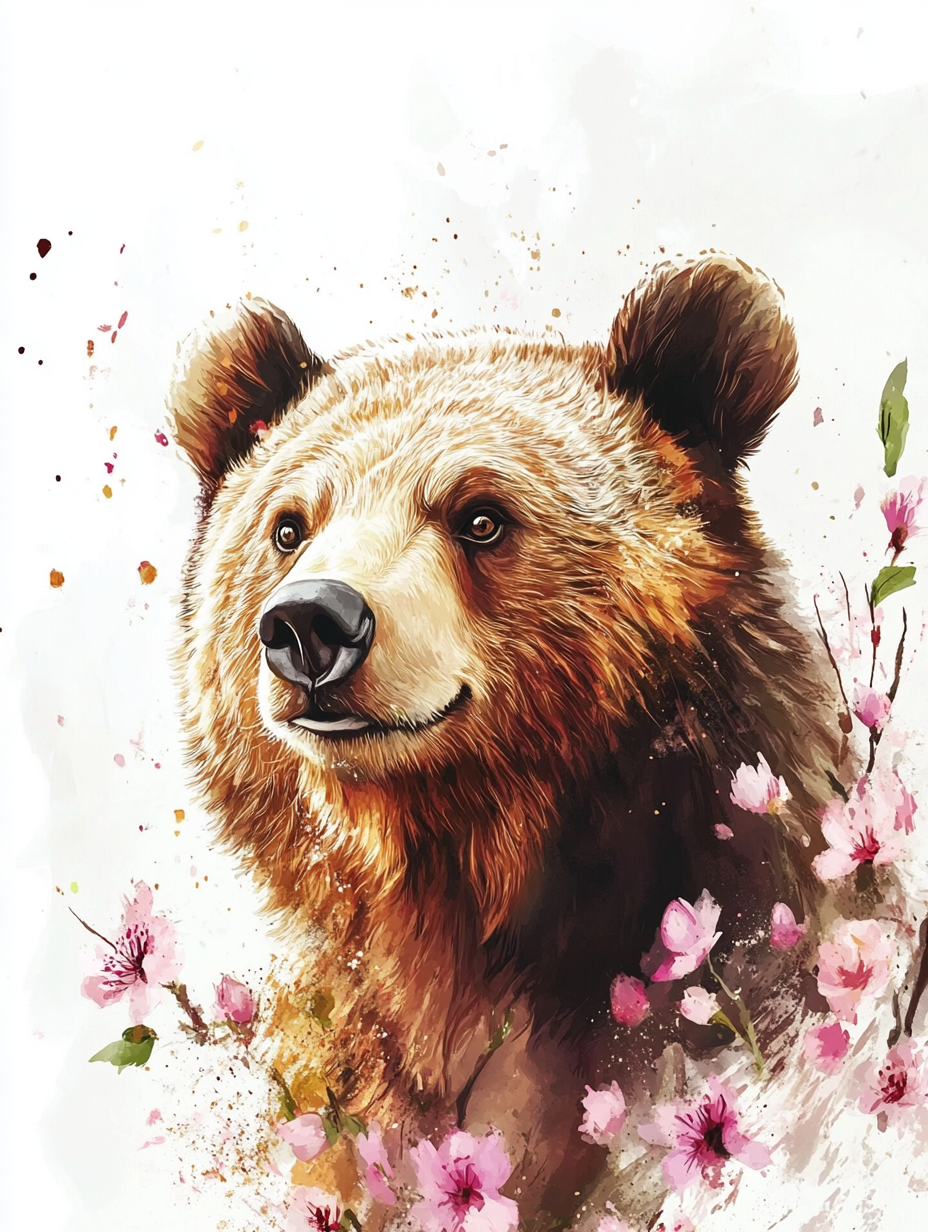 A beautiful happy brown bear in watercolor