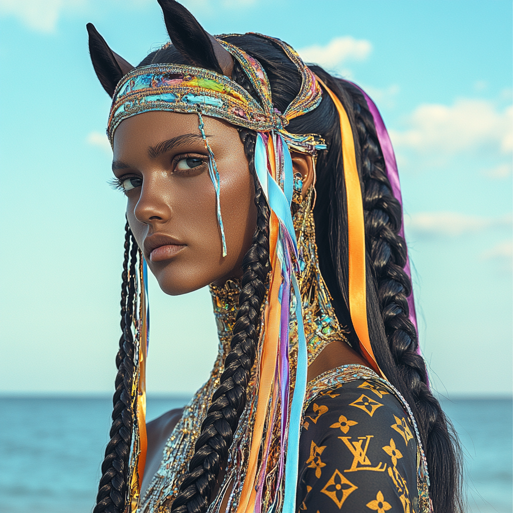 A beautiful horse with braids and Louis Vuitton logo by the sea spotlighted