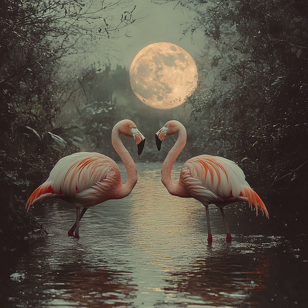 A beautiful image of flamingos under full moon.