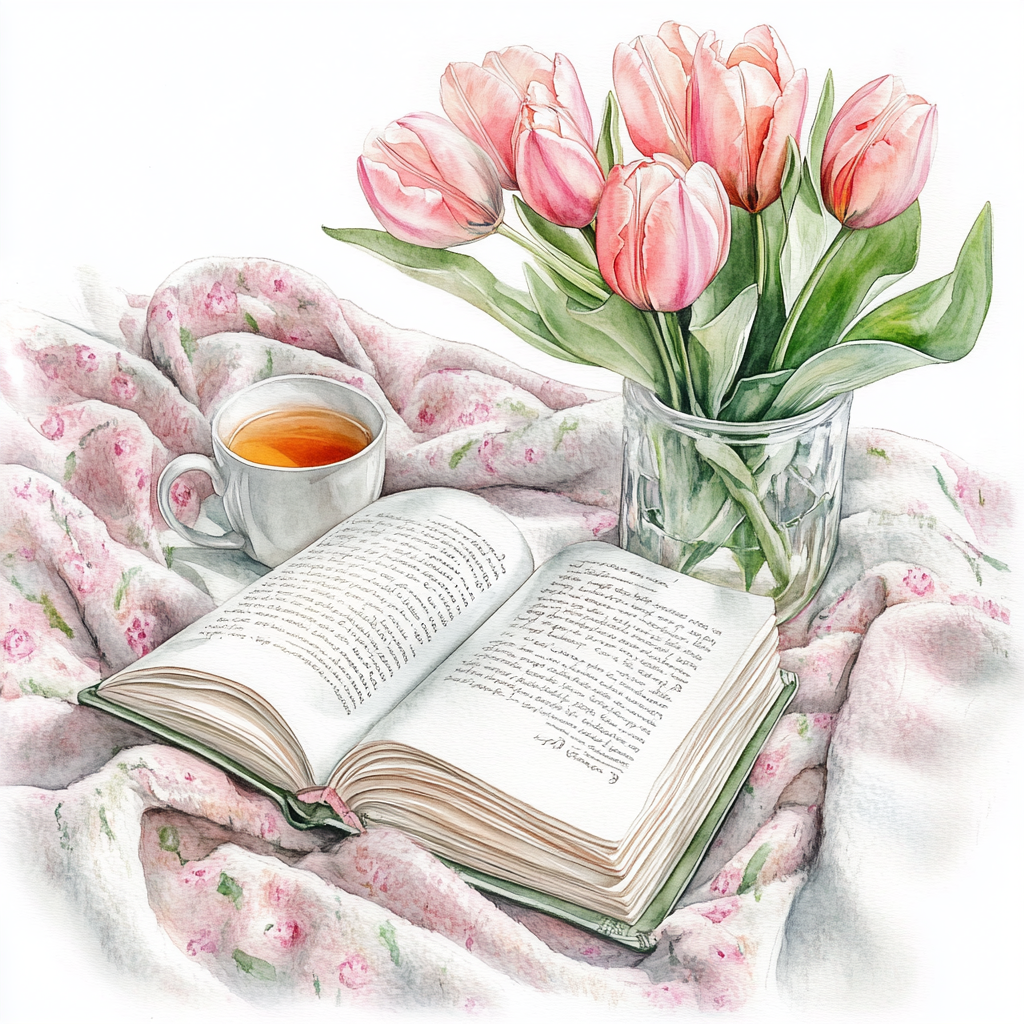 A beautiful journal book with tea and tulips.