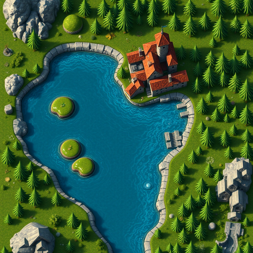 A beautiful map with water, trees, and castles.