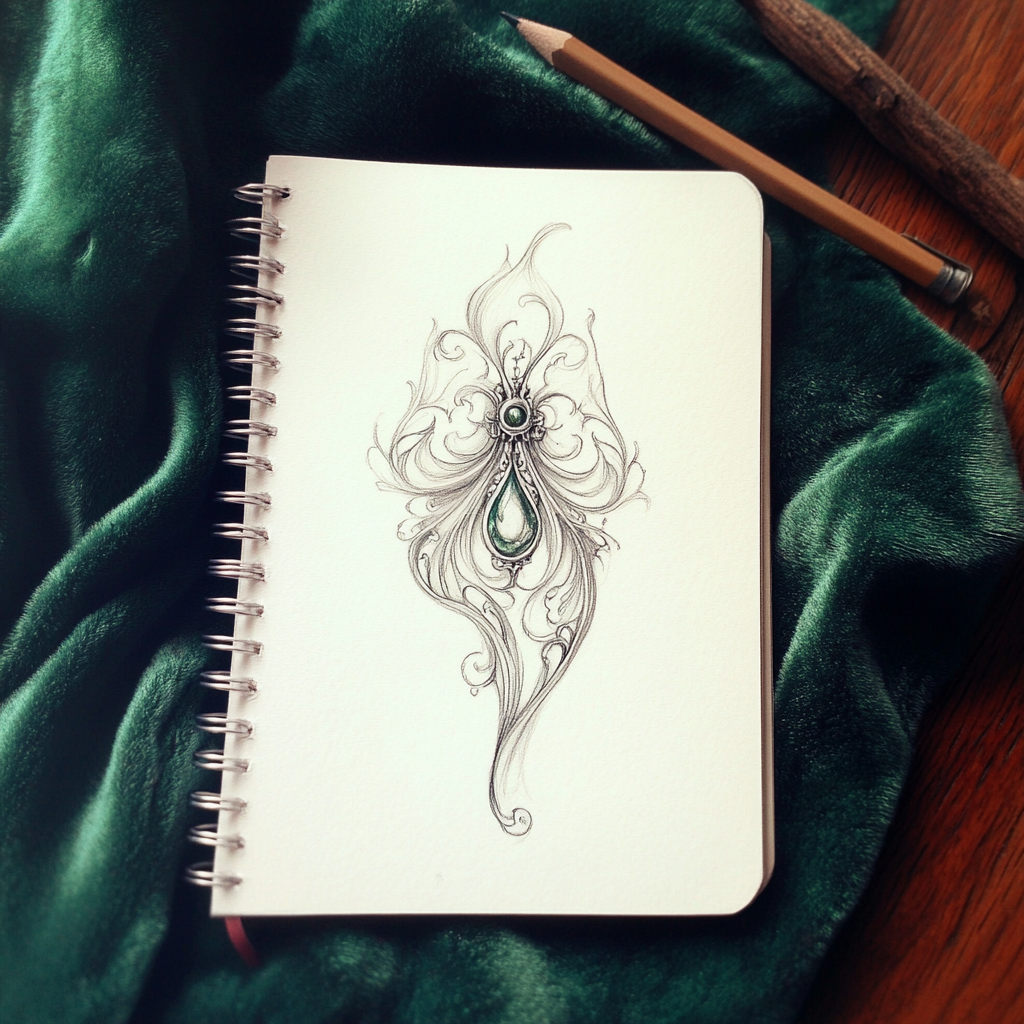 A beautiful pendant drawing on a notebook page.