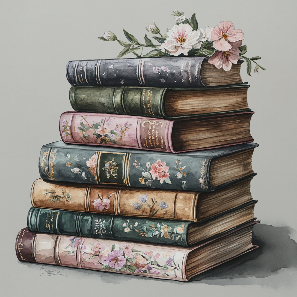 A beautiful pile of books in watercolor illustration.