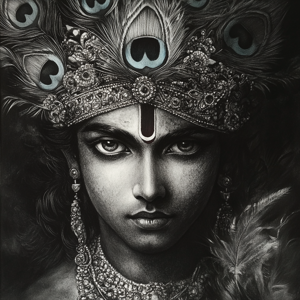 A beautiful portrait of Lord Krishna in charcoal